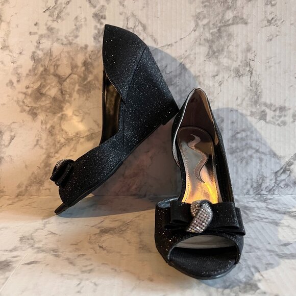 Nina Veleria Wedges Size‎ 7 Black Glitterati Rhinestone Detail Open Toe … - Picture 1 of 12